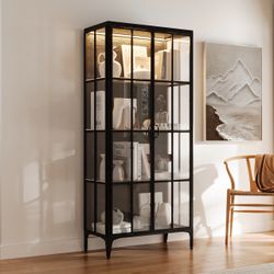 70.9"H Metal Glass Display Cabinet LED Light Bookshelves Curio Cabinet - Black