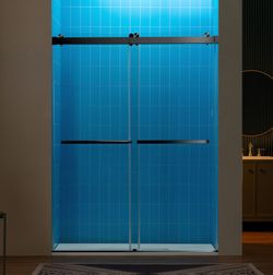 REFT-6080-MBL，Double Sliding Shower Door with Soft Close System, 57.5-60" Width × 80"Height with 3/8"'(10mm) Clear Tempered Glass in Matte Black Finis