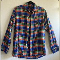 Ralph Lauren Blue Green Cotton Plaid Unisex Flannel Button Up Shirt Sz M