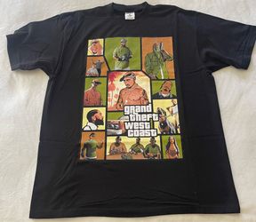 Grand Theft West Coast (GTA SA & GTA V Collab With Nipsey Hussle, 2Pac & Snoop Dogg) T-Shirt (2XL)