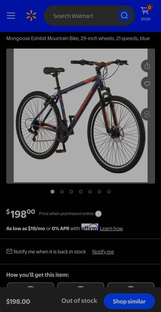 Mongoose Exhibit Mountain Bike, 29-inch wheels, 21 speeds, blue