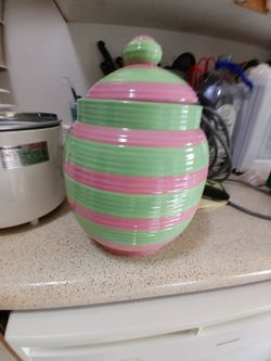 Ceramic Cookie Jar Pink and Green Striped