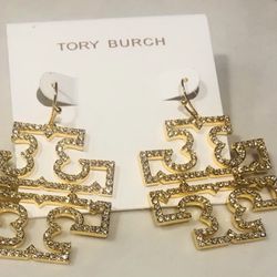 Tory Burch Britten gold crystal double T logo dangle statement earrings