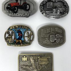 Vintage Lot of 5 Mixed Great American & IH Tractor, Hunting, Woods Belt Buckles