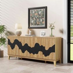 Low Sideboard with 4 Doors, Storage Cabinet, Wooden Dresser, Irregular Wave Pattern