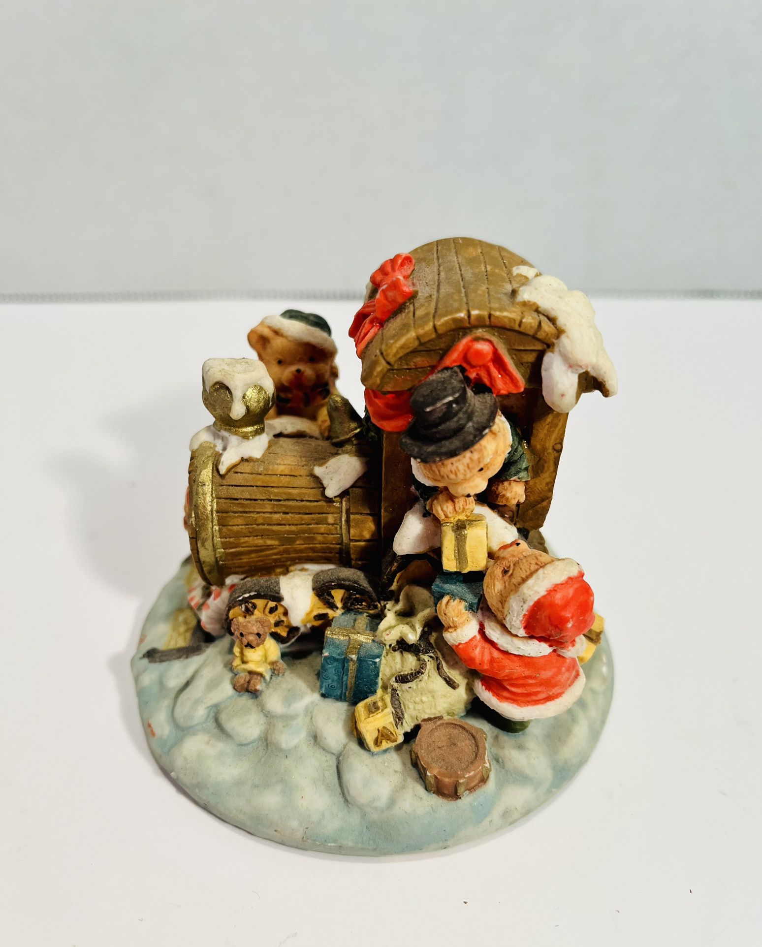 Christmas Teddy Bears Playing on Locomotive Train Decorative Figurine Colorful