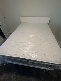 Queen Upholstered Headboard + 13” Pillowtop Mattress & Box Spring – Like New