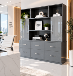 Modern Office Wall Unit with 6 Drawers, Cabinets & Open Shelving
