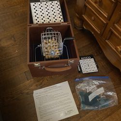 Deluxe Cage Bingo Game Set w/Game Cards Markers Wooden Balls & Box
