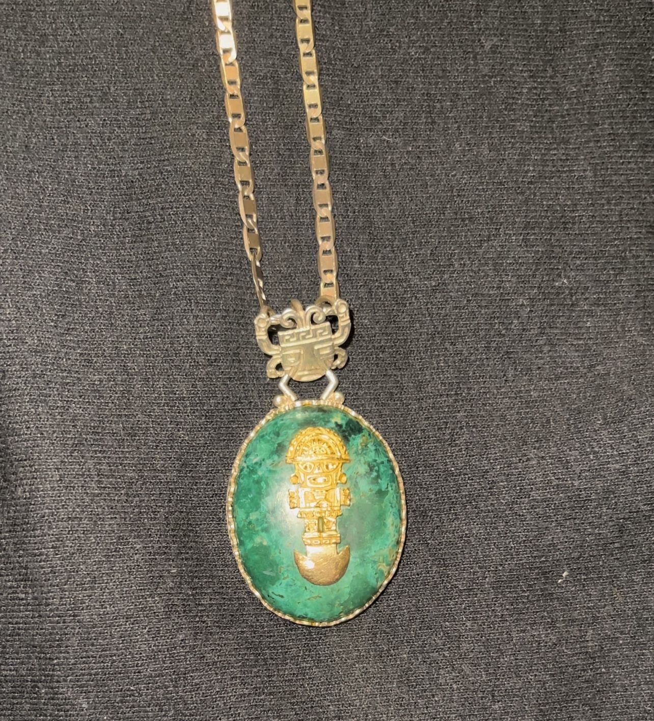 Antique 925 Sterling Silver, 18K Gold & Malachite Gem Peru Tumi Deity Pendant 