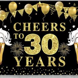 Happy 30th Birthday Banner Decorations, Black Gold Cheers