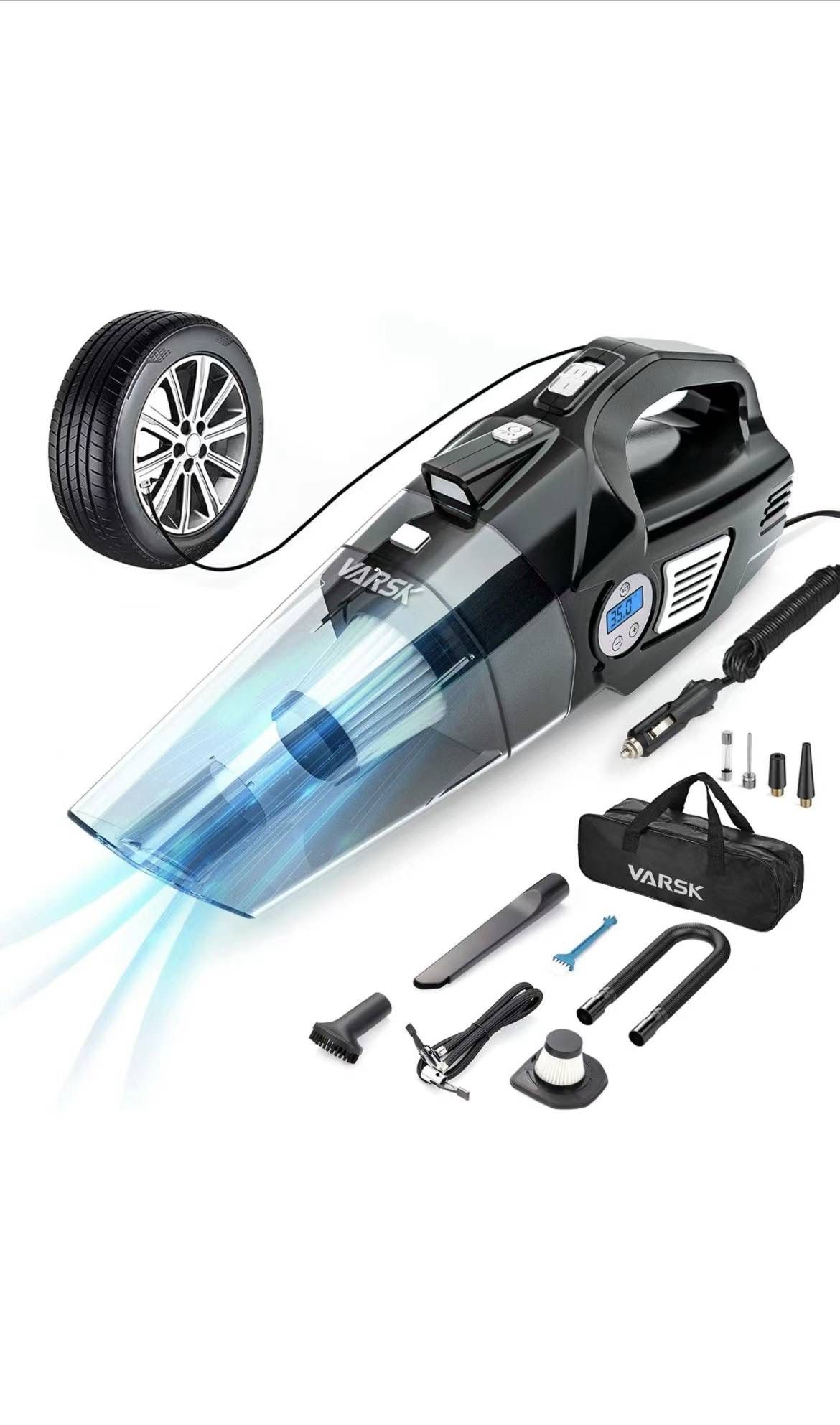 4-in-1 Car Vacuum Cleaner, Tire Inflator Portable Air Compressor with Digital Tire Pressure Gauge LCD Display and LED Light, 12V DC Air Compressor Pum