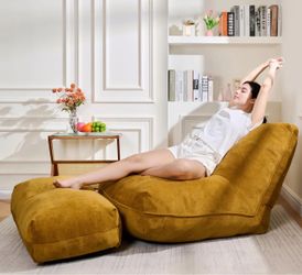 New! Yellow Bean Bag Chair with Ottoman, Comfy Bean Bag Sofa with Memory Foam, Lazy BeanBag Sofa with Footstool, Fireside Bean Bag Couch for Living Ro