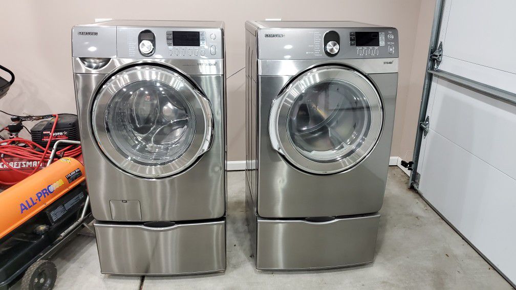 Samsung Front Load Washer with Steam Wash & Samsung Front Load Dryer With Steam and Pedestals
