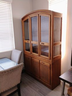 Vintage Wood China Cabinet with Glass Doors