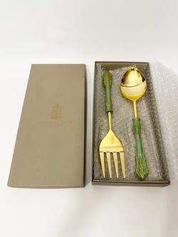 Shiraleah Gold Salad Serving Set with Green Handles – New in Box