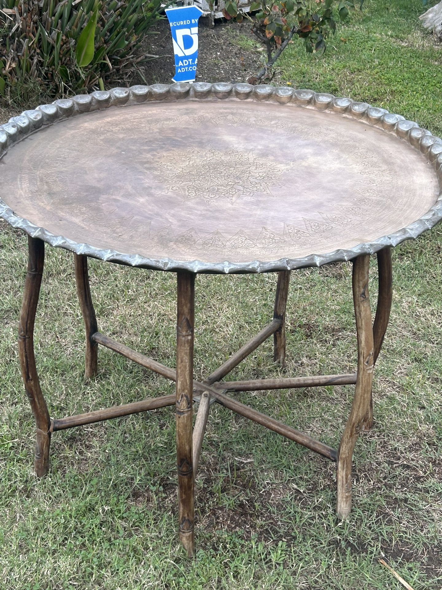 Improperly Cared For Moroccan or Turkish Antique Brass Table on Collapsible Wood Base: