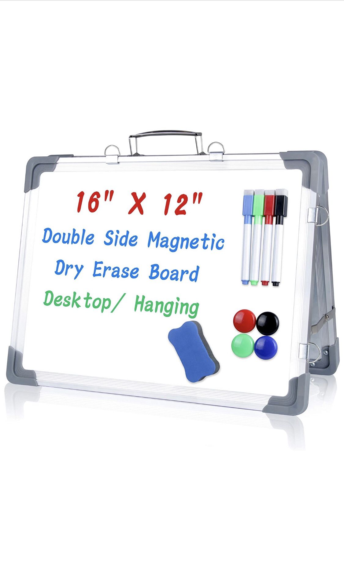 Small Dry Erase White Board, Portable Magnetic Whiteboard Double Side Foldable Hanging with Eraser Markers (Size 16 x 12 inches)
