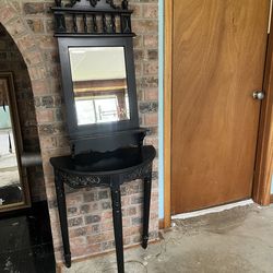 Entry table, Mirror, ornate, scroll,  black, decorative, decore, shabby chic, worn look.