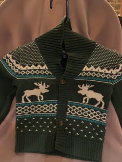 Green cardigan with moose pattern and button closure and pants Sweater size 4 pants size 3