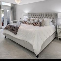 Grey Velvet Tufted King Size Bed Frame