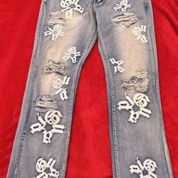 Custom Distressed Denim Jeans – XXL (Fits Like XL)