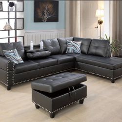 Black Leather Sectional Sofa Couch With Storage Ottoman And Pillows 
