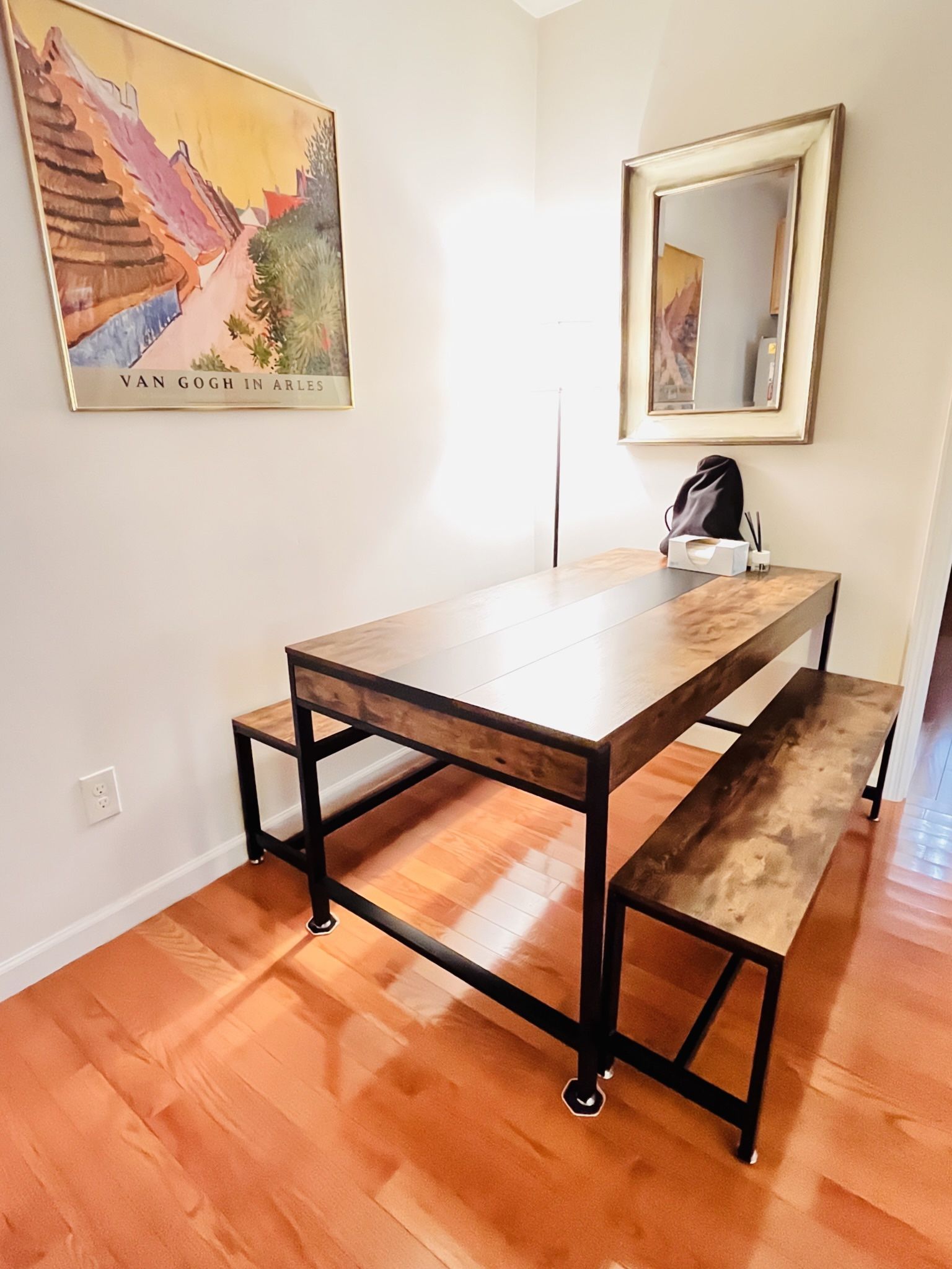 LIKE NEW - Rustic Modern Breakfast table and benches (seats 6)