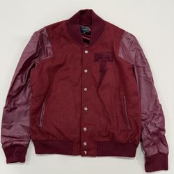 TACKMA Varsity Jacket Mens Size L Red/Bordeaux 100% LEATHER SLEEVES