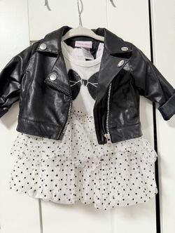 A.L.C. Black Faux Leather Jacket with White Bow Tie Shirt. 3-6M