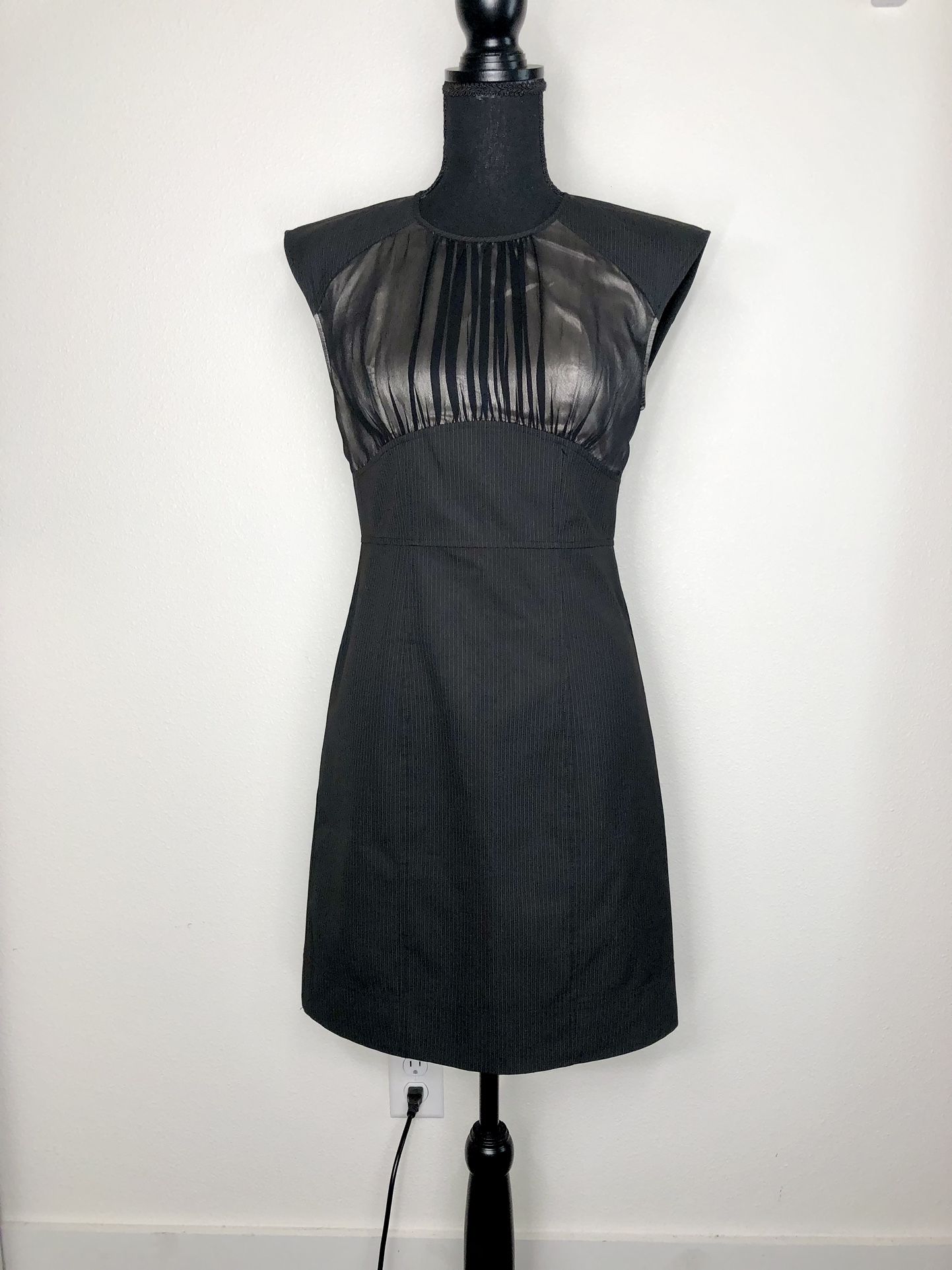 Bebe Black Sleeveless Sheath Dress With Micro Pinstripes And Silk Contrast