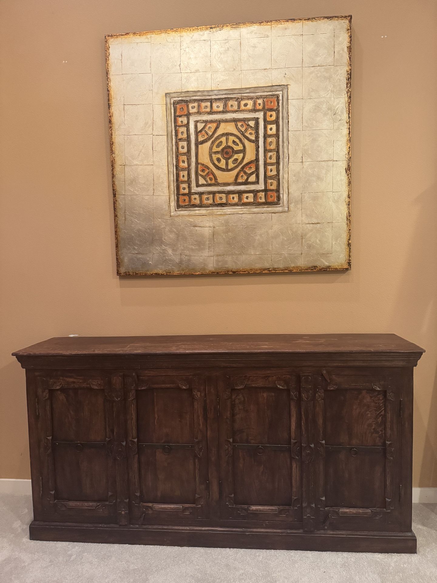 Solid wood storage cabinet measuring 71" wide, 35.5" high, and 15.5" deep.