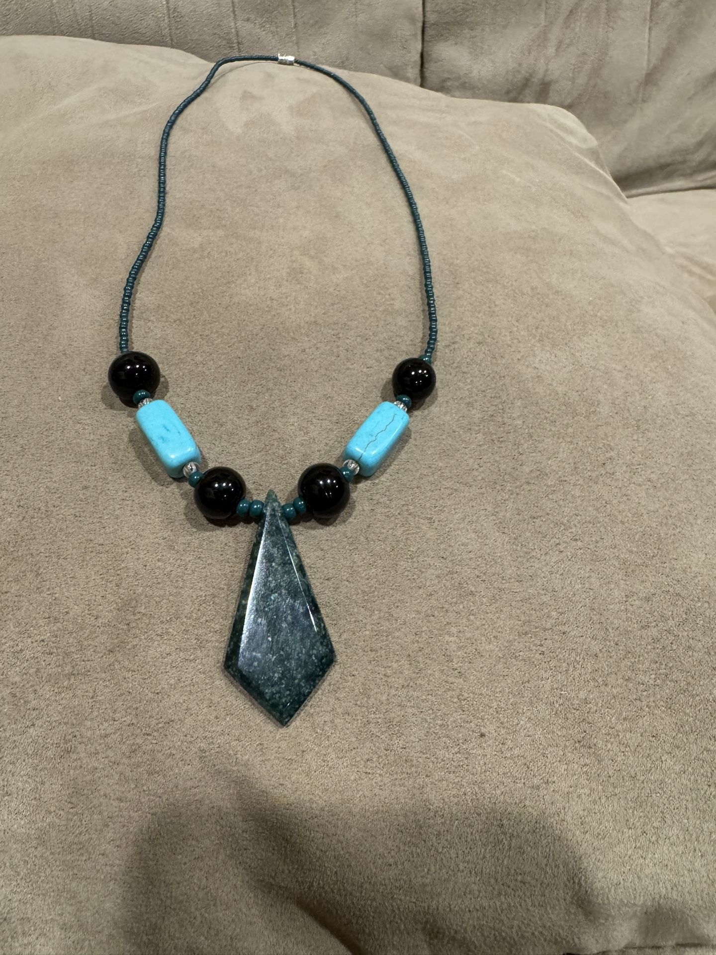 Nephrite Jade Aventurine Stone, turquoise, Black Bead Green Seed Bead Necklace 24” in length 