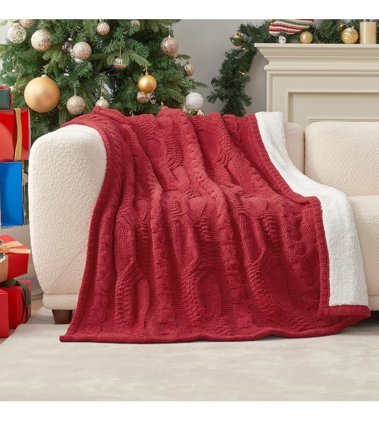 Brandnew Home Cable Knit Throw Blanket for Couch, Chenille Sherpa Soft Cozy Throw Blankets for Sofa Chair Comfortable Home, 50"x70", Red