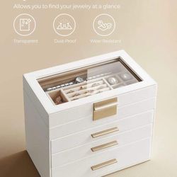 Jewelry Box with Glass Lid, 4-Layer Jewelry Organizer, 3 Drawers, Cloud White and Gold Color