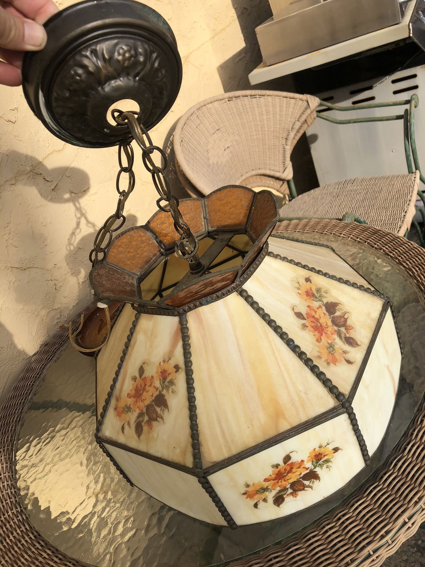 Antique Tiffany style stained glass hanging lamp