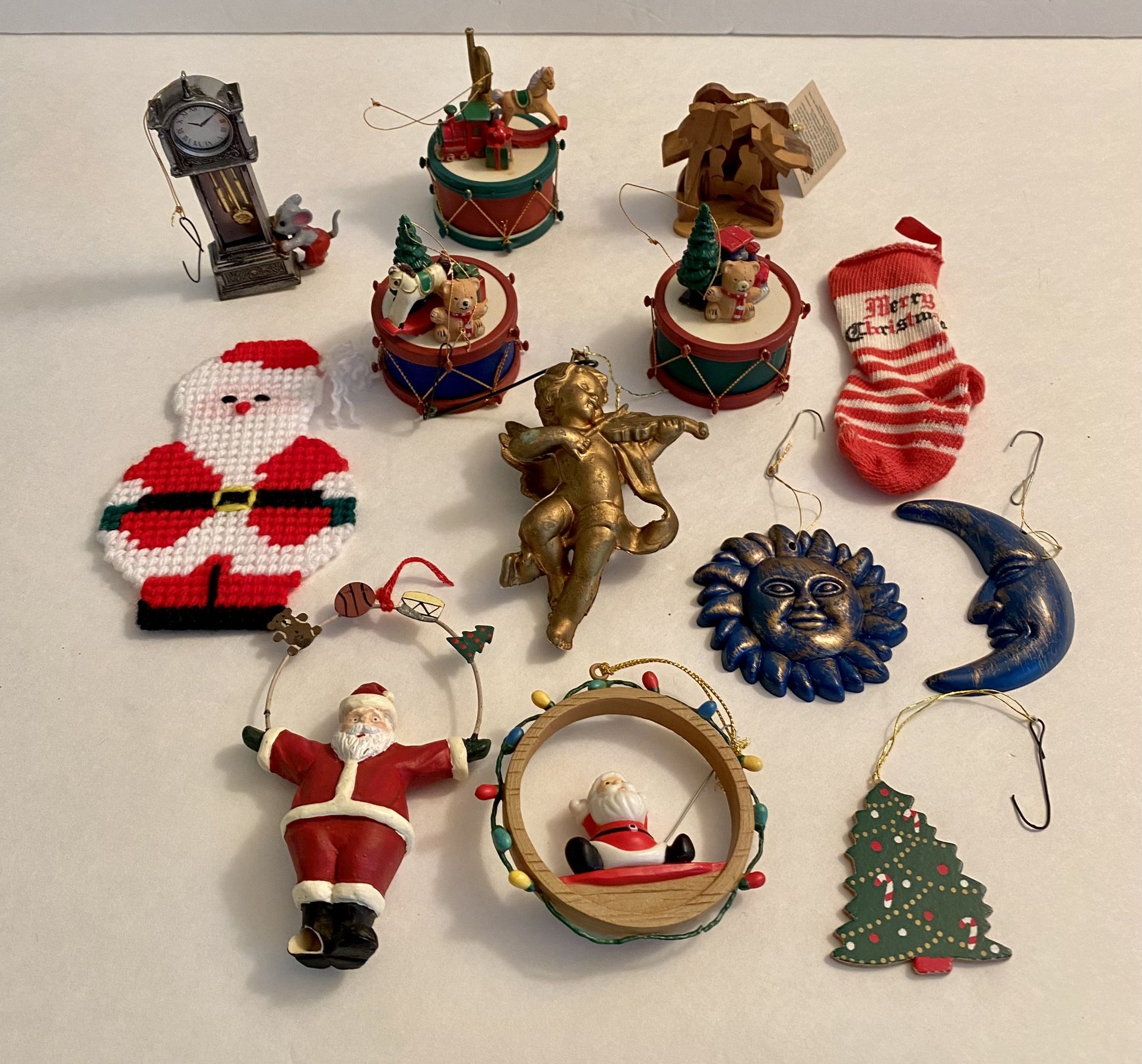 Christmas Ornaments Lot Of 12 Vintage Santa’s Small Drums/Animals Moon/Sun