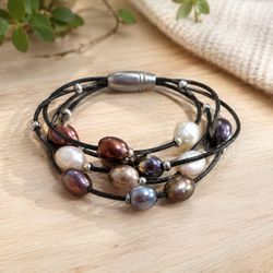 Freshwater Pearl & Leather Bracelet: Magnetic Clasp, Small Wrist