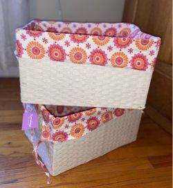 2 Woven/Wicket Storage Baskets with Floral Fabric Liner