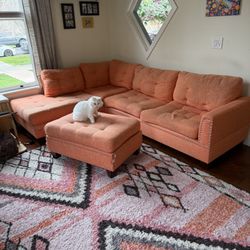 Free Orange Sectional Couch with Ottoman – Cat Scratched but Usable