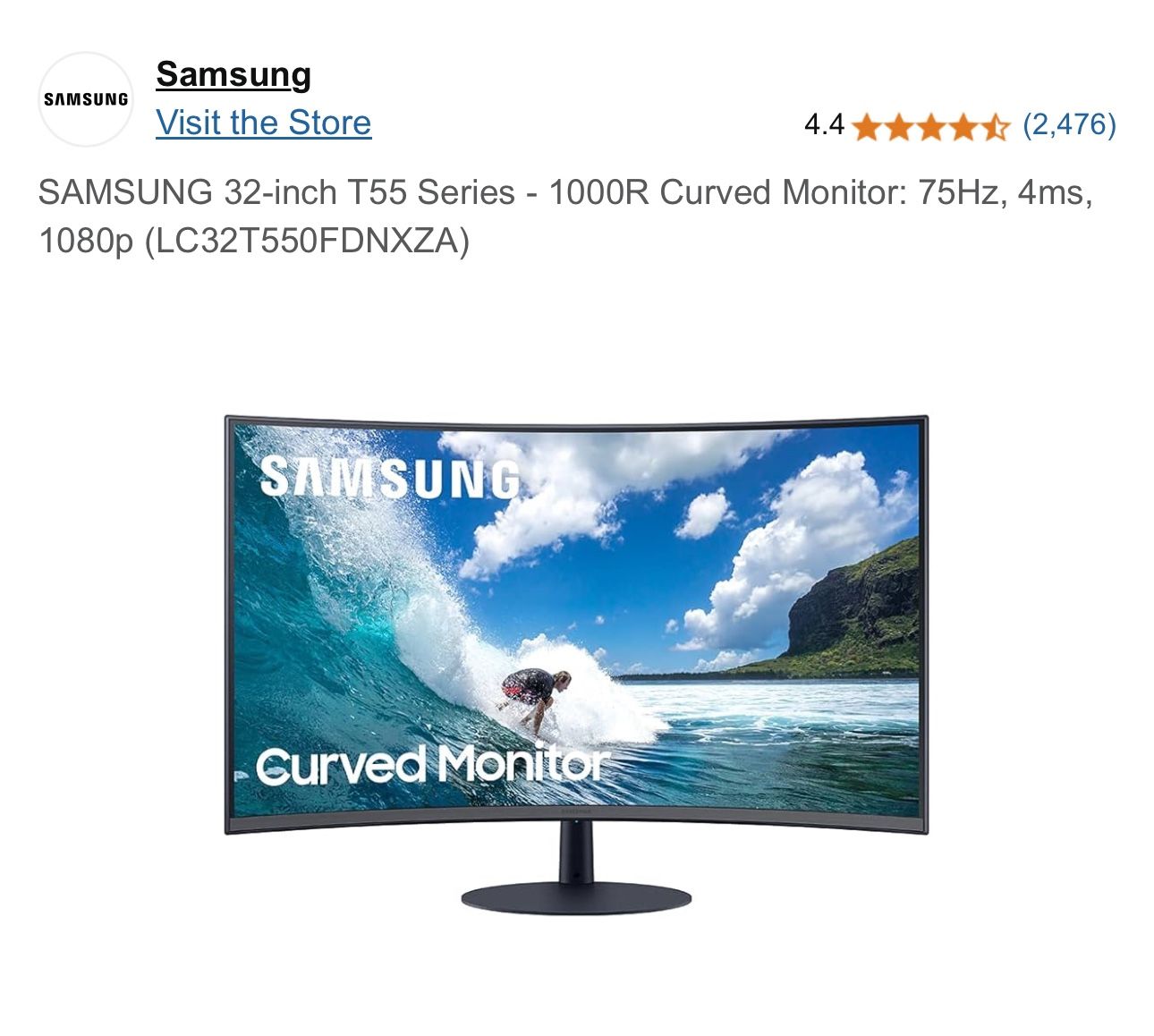 Samsung T55 Series C32T550FDN 32’ Curved Screen