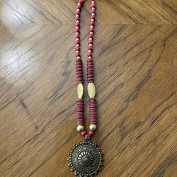 Beautiful Red and Gold Toned Statement Piece  Beaded Necklace with Metal Pendant 