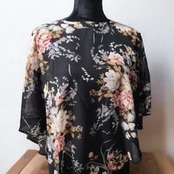 Floral Print Asymmetrical Sheer Poncho Blouse Size L