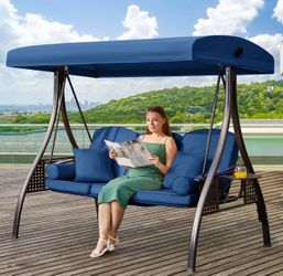3 in 1 Outdoor Porch Swing with Adjustable Canopy, 3 Seat Outdoor Swing for Adults, Patio Swing Chair with Thickened Cushions,Pillows & Cup Holders fo