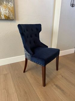 Modern PIER ONE Blue Velvet Button Tufted Sophie Accent Chair w/ Paisley Back & Nailhead Trim