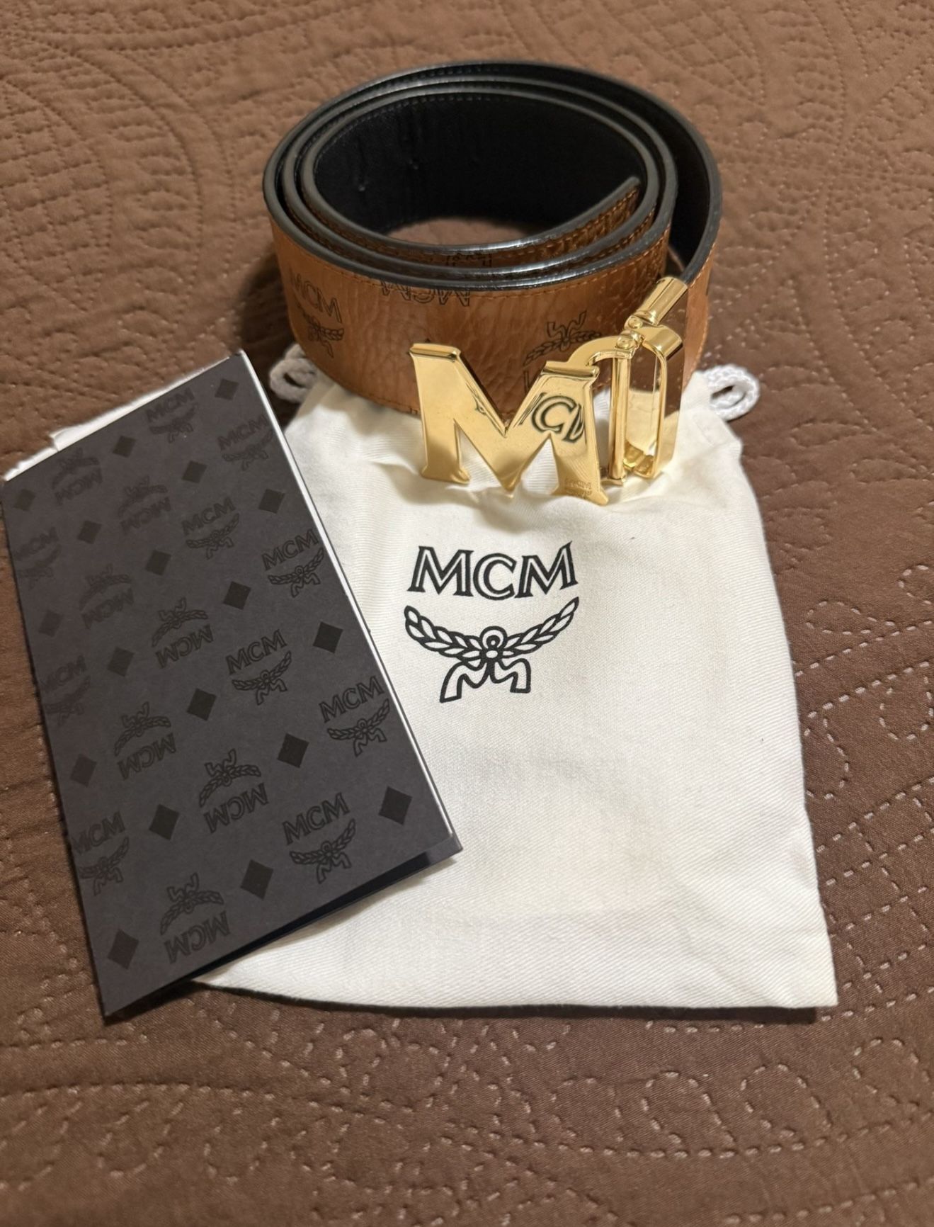 MCM men’s Claus Reversible Belt Cognac and Black Leather Gold Buckle 