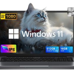 15.6" Laptop with Windows 11, Intel N150 Processor,16GB DDR4 RAM 512GB SSD, FHD IPS Display, 5000mAh Battery,WiFi,Bluetooth,Type-C,Micro SD,Slim Lapto
