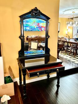 Amazing Antique Victorian Gothic Carved Dark Wood Desk, Mirror, and Chair - Amazing!