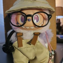 DOLL NOT INCLUDED! NEW LABUBU YYDS TAN OVERALLS AND HAT, BLACK HEADPHONES, BLACK GLASSES AND PINK WATER BOTTLE 