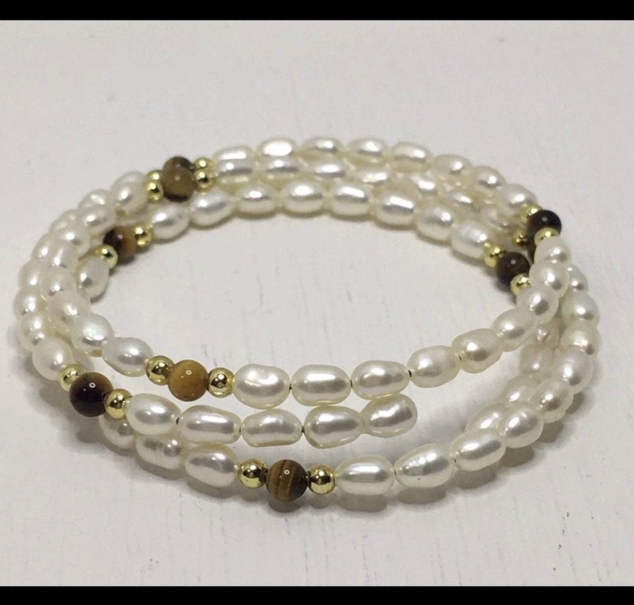 14k pearl & tiger's eye coil wrap bracelet